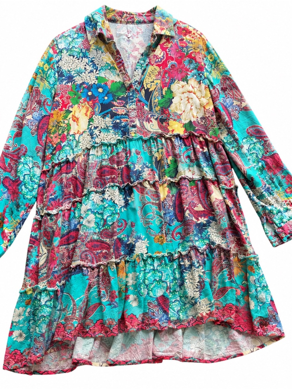 Floral Tiered V-Neck Dress in Teal and Multi